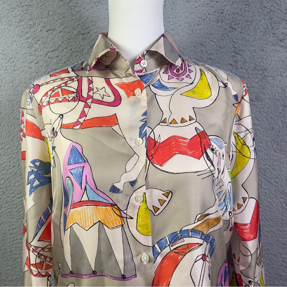 Vilagallo Top Womens 40 Multicolor Animals Stripe Button Up Summer Preppy Casual - Picture 2 of 7